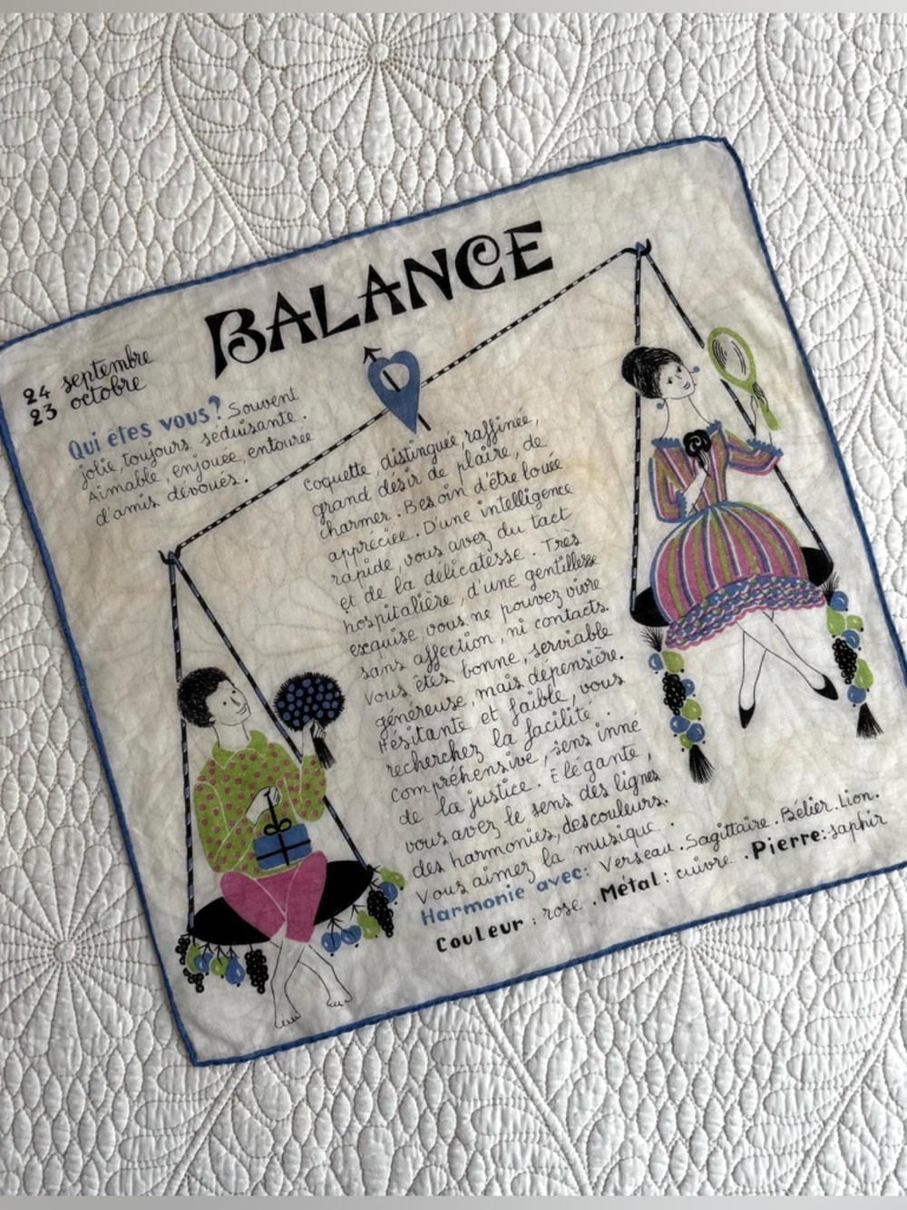 Vintage 1960s French Zodiac LIBRA / BALANCE Novelty Handkerchief Blue
